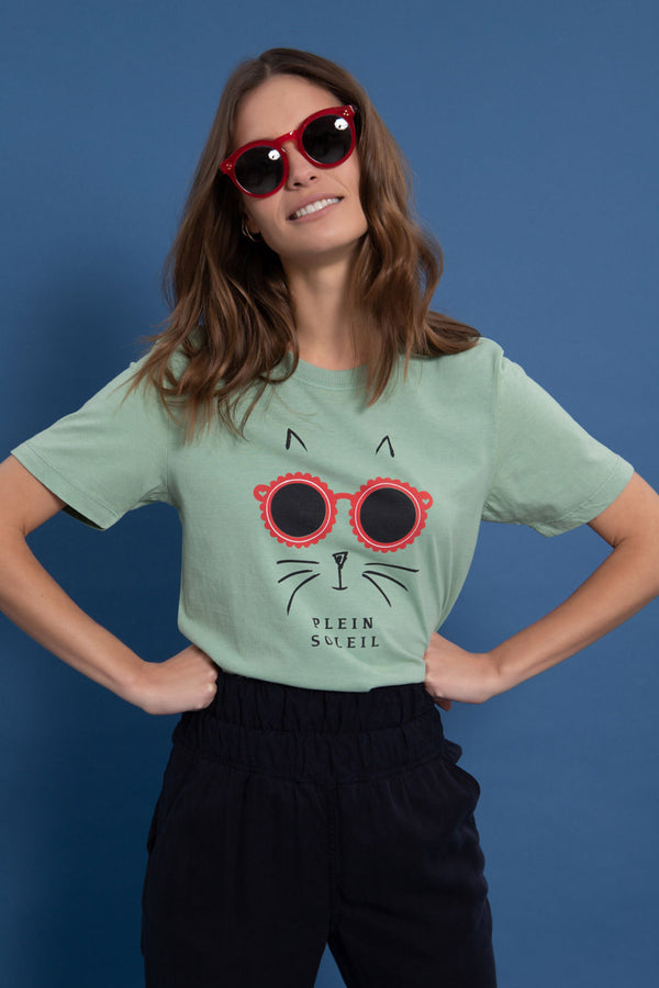 Camiseta Gato Óculos Verde
