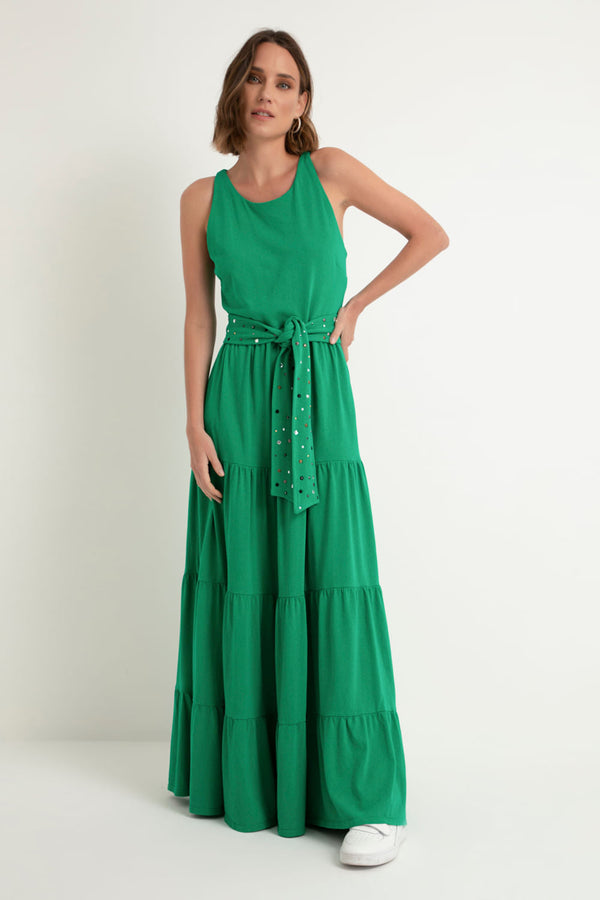 Vestido Longo Faixa Brilhos Verde