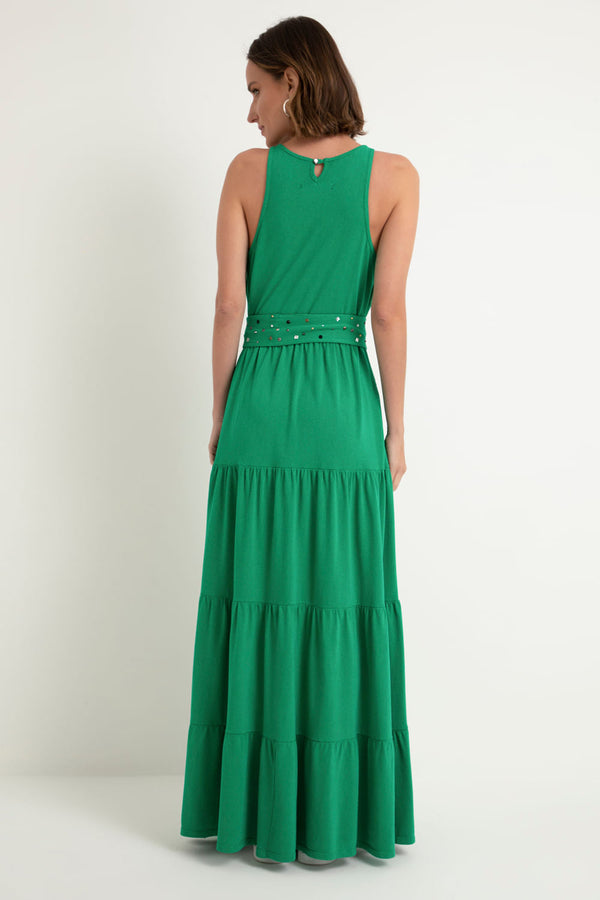 Vestido Longo Faixa Brilhos Verde