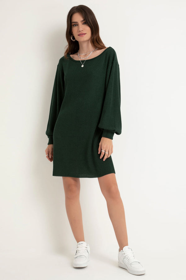 Vestido Tricot Manga Bufante Verde