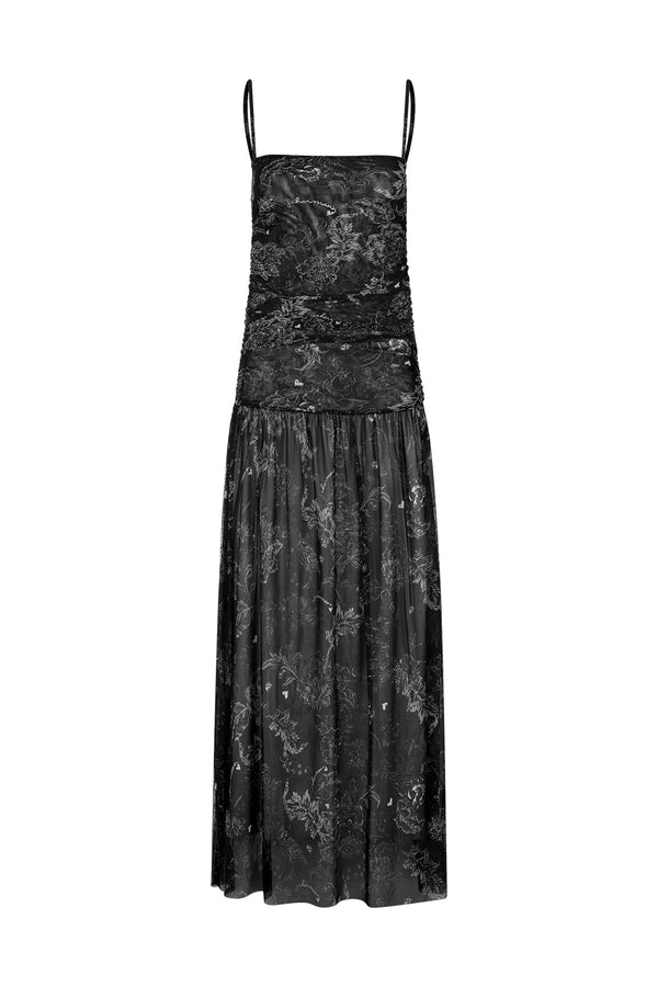 Vestido Tule Franzido Floral Chermann