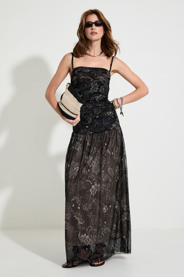 Vestido Tule Franzido Floral Chermann