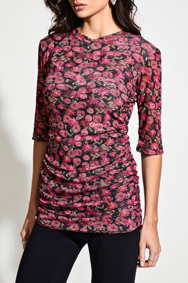 Camiseta Drapeada Tule Floral Vintage