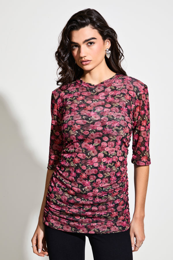 Camiseta Drapeada Tule Floral Vintage