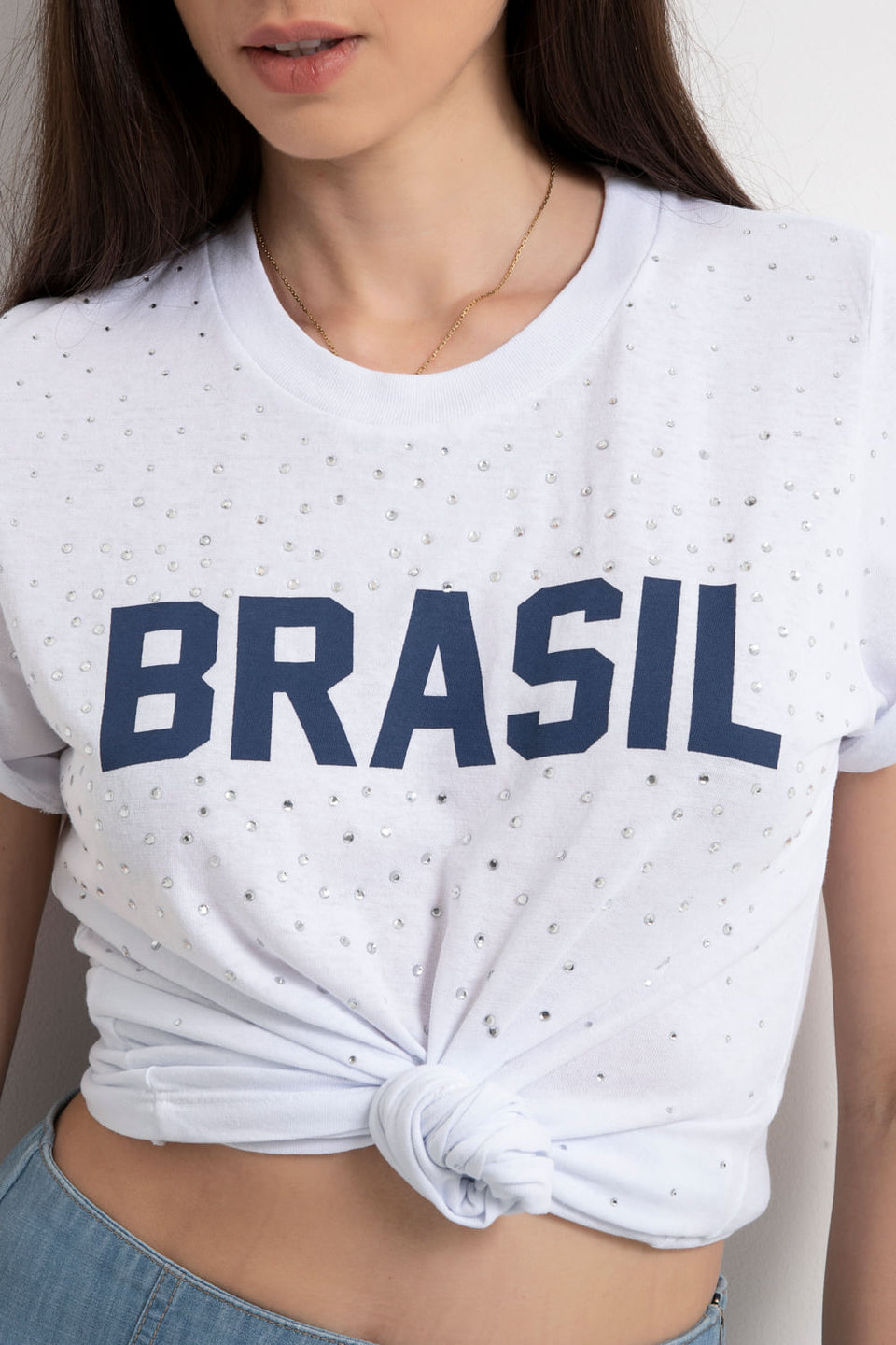 Camiseta Brasil Strass Branco - Personalizável