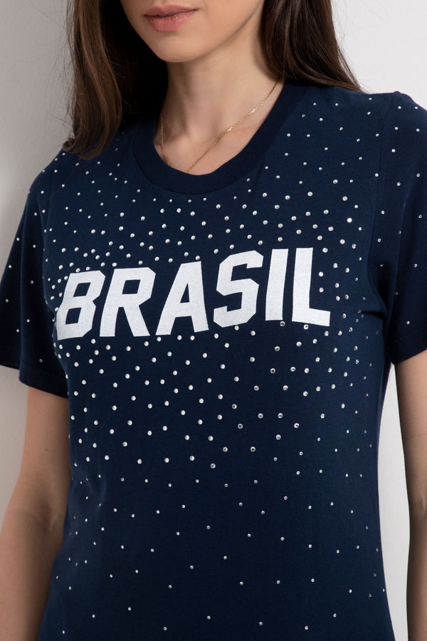 Camiseta Brasil Strass Azul Marinho - Personalizável