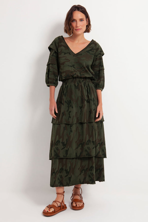 Vestido Longo Babado Camuflado