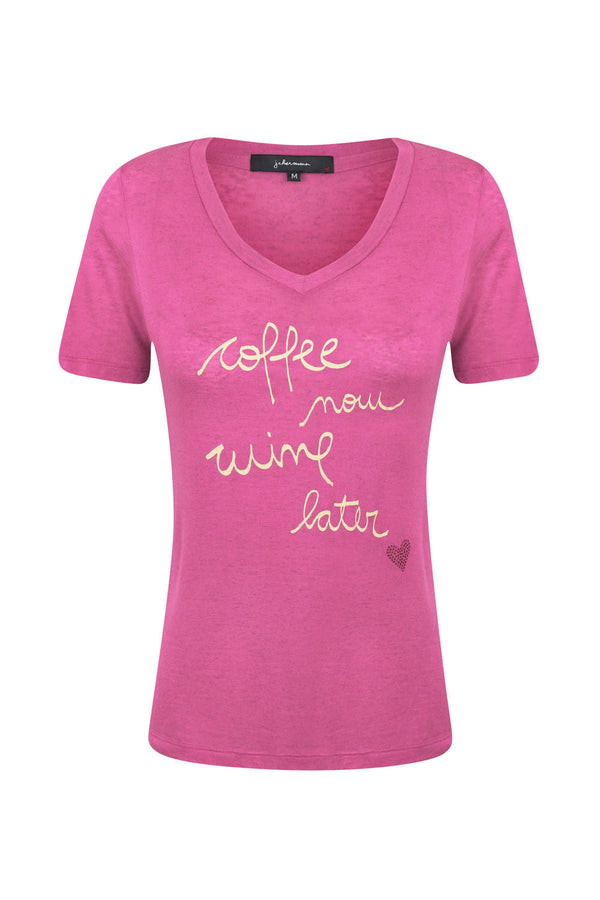 Camiseta Coffee Now Wine Later Rosa